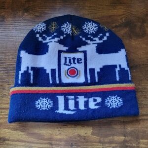 Miller Lite Beer Beanie Hat Knit Winter Cap Reindeer Snowflake
